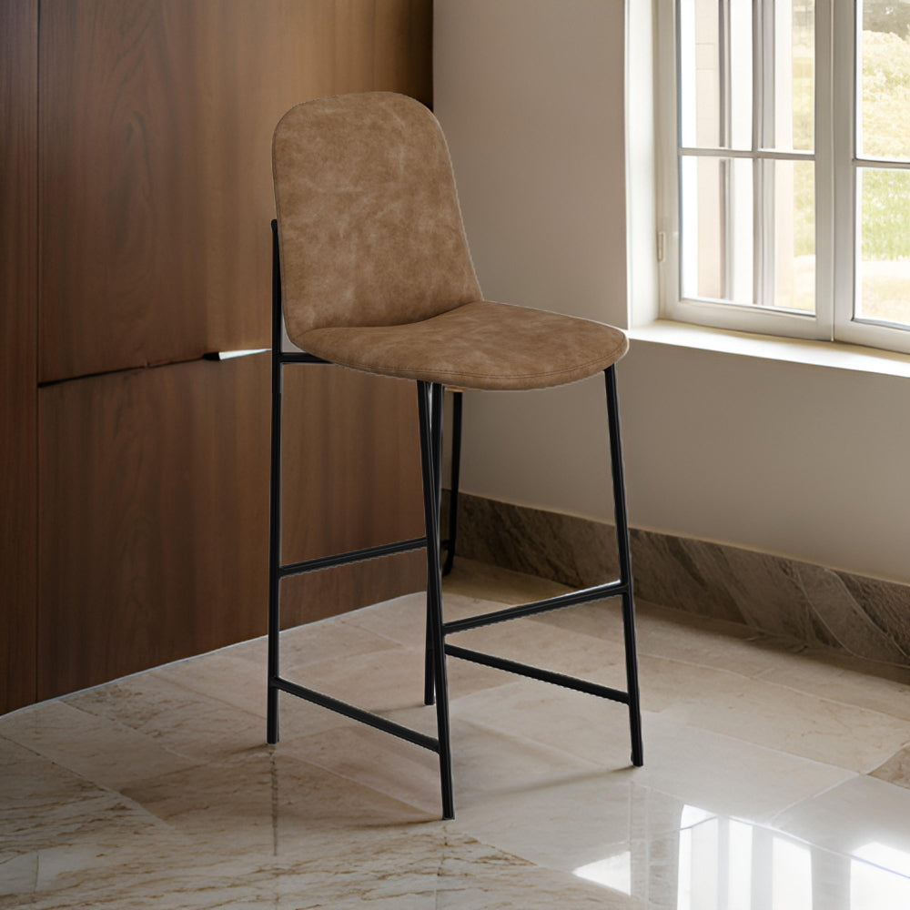 Benjara Revee Barstool Chair, Black Iron, Water-Resistant Cognac Brown Faux Leather