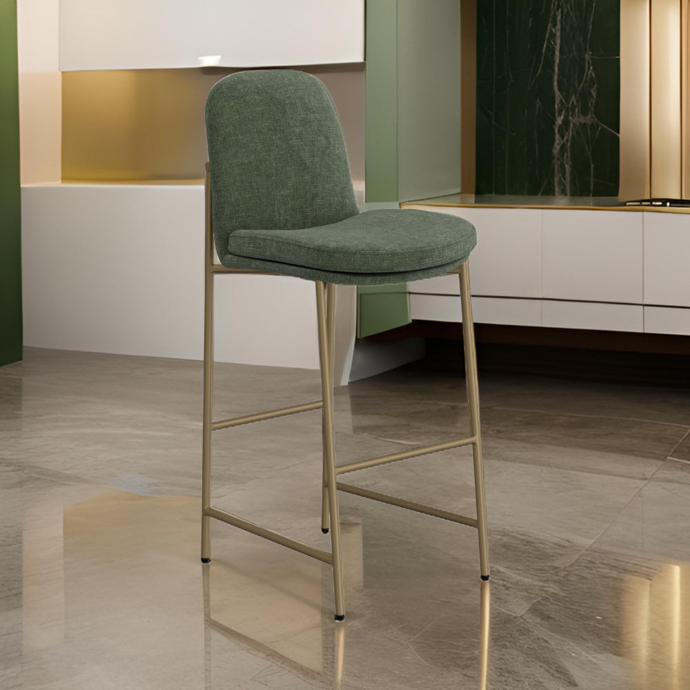 Benjara Revee Barstool Chair, Black Iron, Water-Resistant Olive Green Polyester