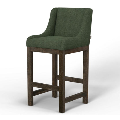 Benjara Lamy Barstool Chair, Curved Arms, Solid Pine Wood, Olive Green Polyester