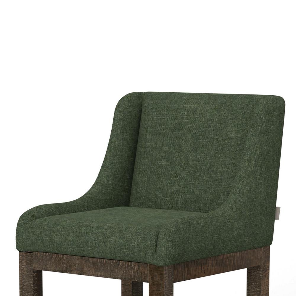 Benjara Lamy Barstool Chair, Curved Arms, Solid Pine Wood, Olive Green Polyester