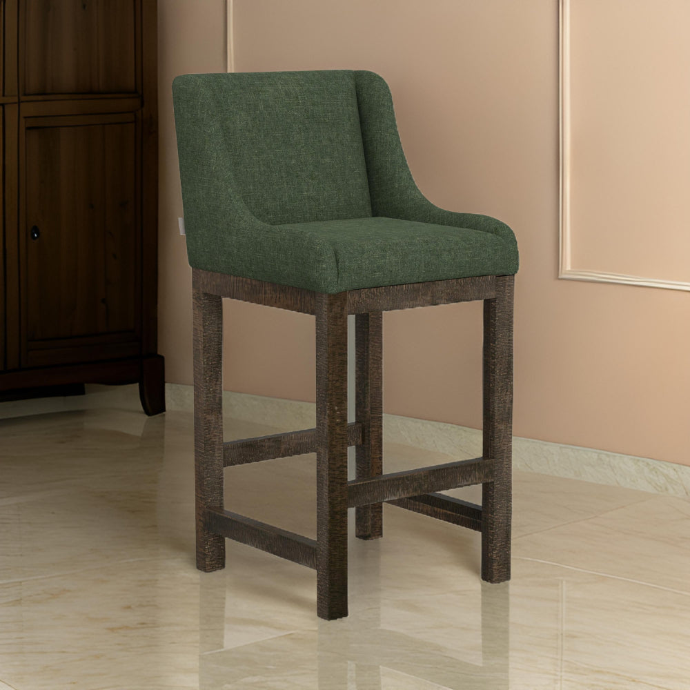 Benjara Lamy Barstool Chair, Curved Arms, Solid Pine Wood, Olive Green Polyester