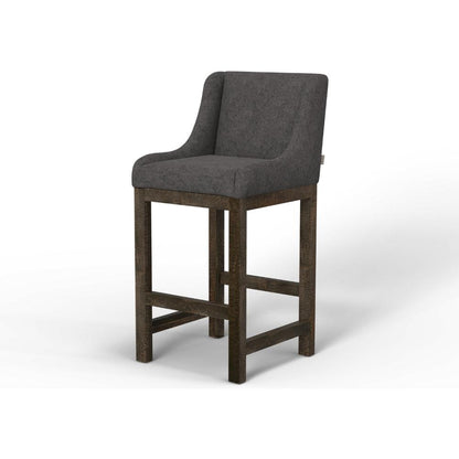 Benjara Lamy Barstool Chair, Curved Arms, Compact Solid Pine Wood, Gray Polyester