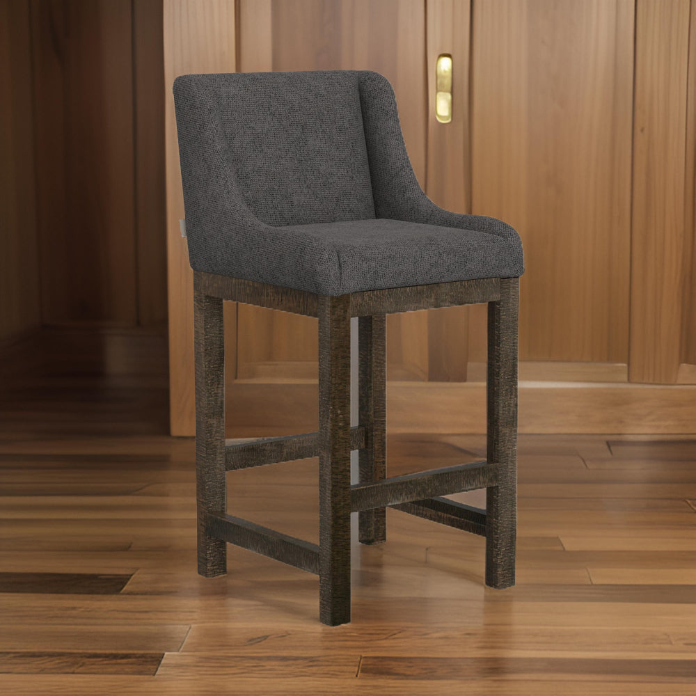 Benjara Lamy Barstool Chair, Curved Arms, Compact Solid Pine Wood, Gray Polyester