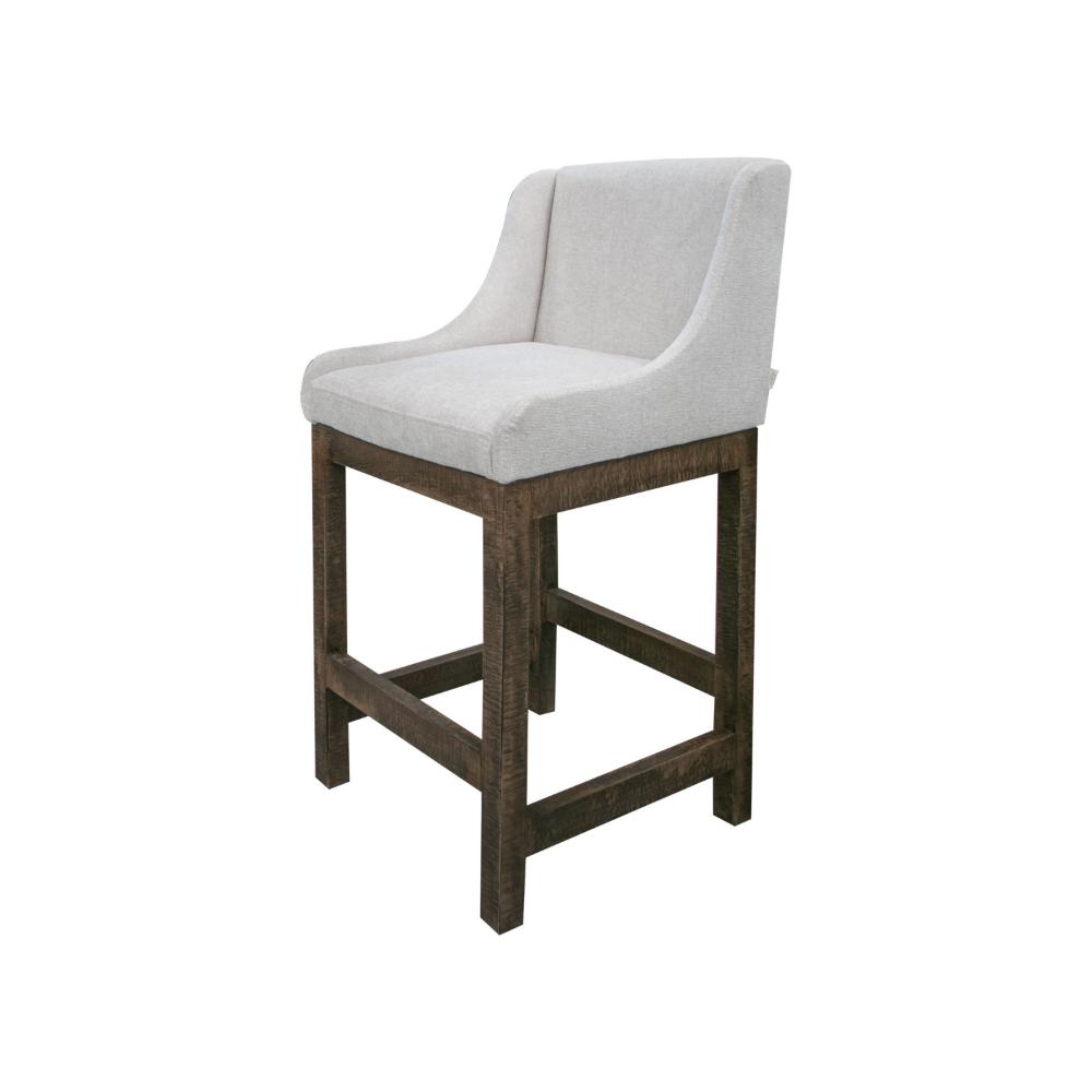 Benjara Lamy Barstool Chair, Curved Arms, Compact Solid Pine Wood, Beige Polyester