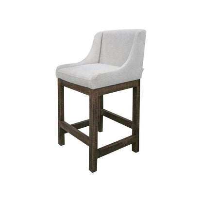 Benjara Lamy Barstool Chair, Curved Arms, Compact Solid Pine Wood, Beige Polyester