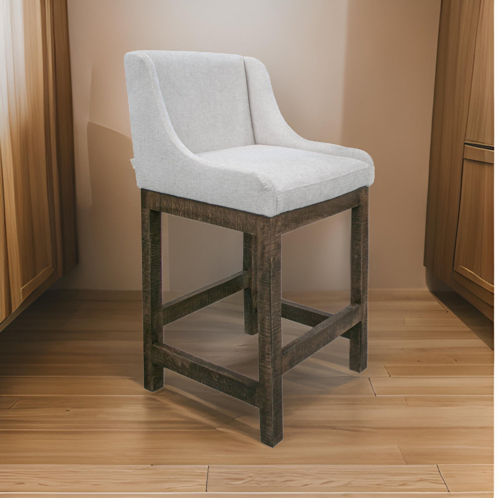 Benjara Lamy Barstool Chair, Curved Arms, Compact Solid Pine Wood, Beige Polyester