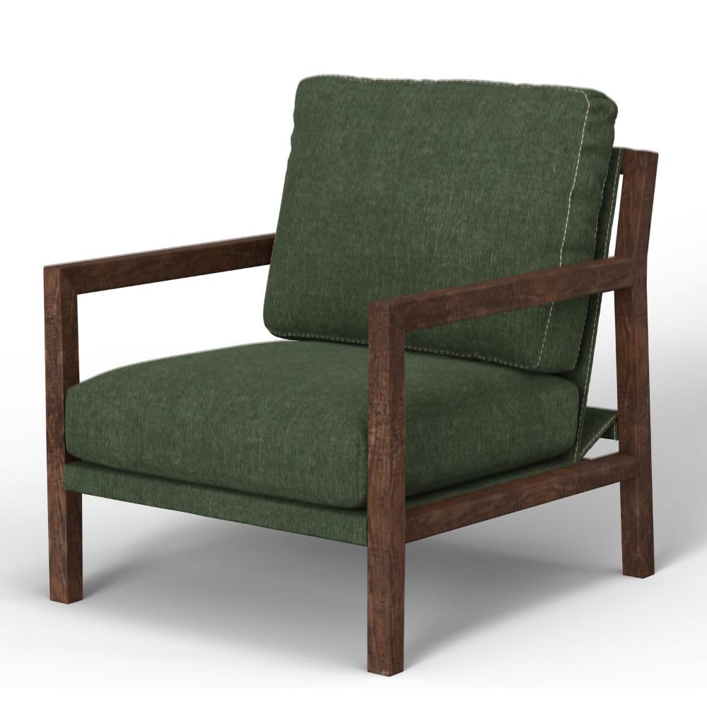 Benjara Tery Accent Chair, Lumbar Pillow, Solid Pine Wood, Olive Green Polyester