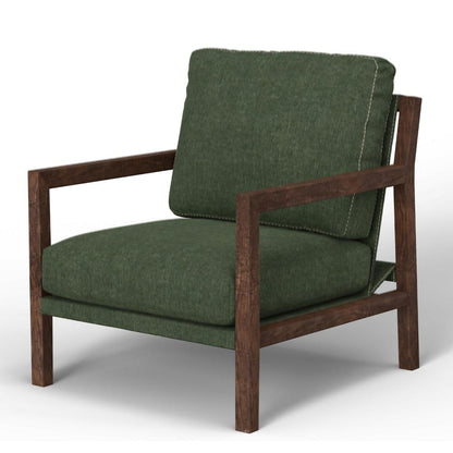 Benjara Tery Accent Chair, Lumbar Pillow, Solid Pine Wood, Olive Green Polyester