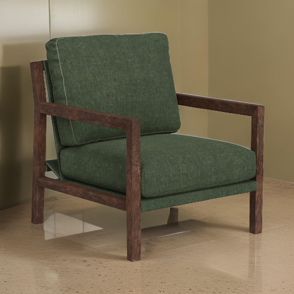 Benjara Tery Accent Chair, Lumbar Pillow, Solid Pine Wood, Olive Green Polyester