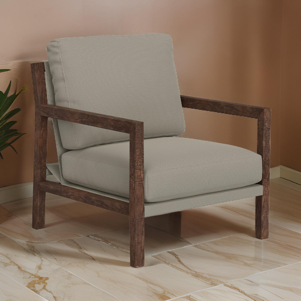 Benjara Tery Accent Chair, Lumbar Pillow, Solid Pine Wood, Almond Gray Polyester