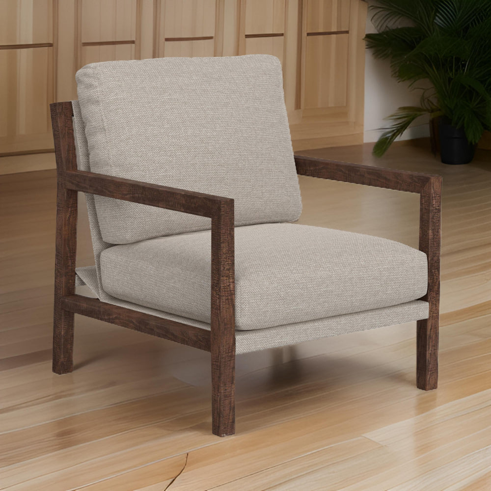 Benjara Tery Accent Chair, Lumbar Pillow, Transitional Pine Wood, Beige Polyester
