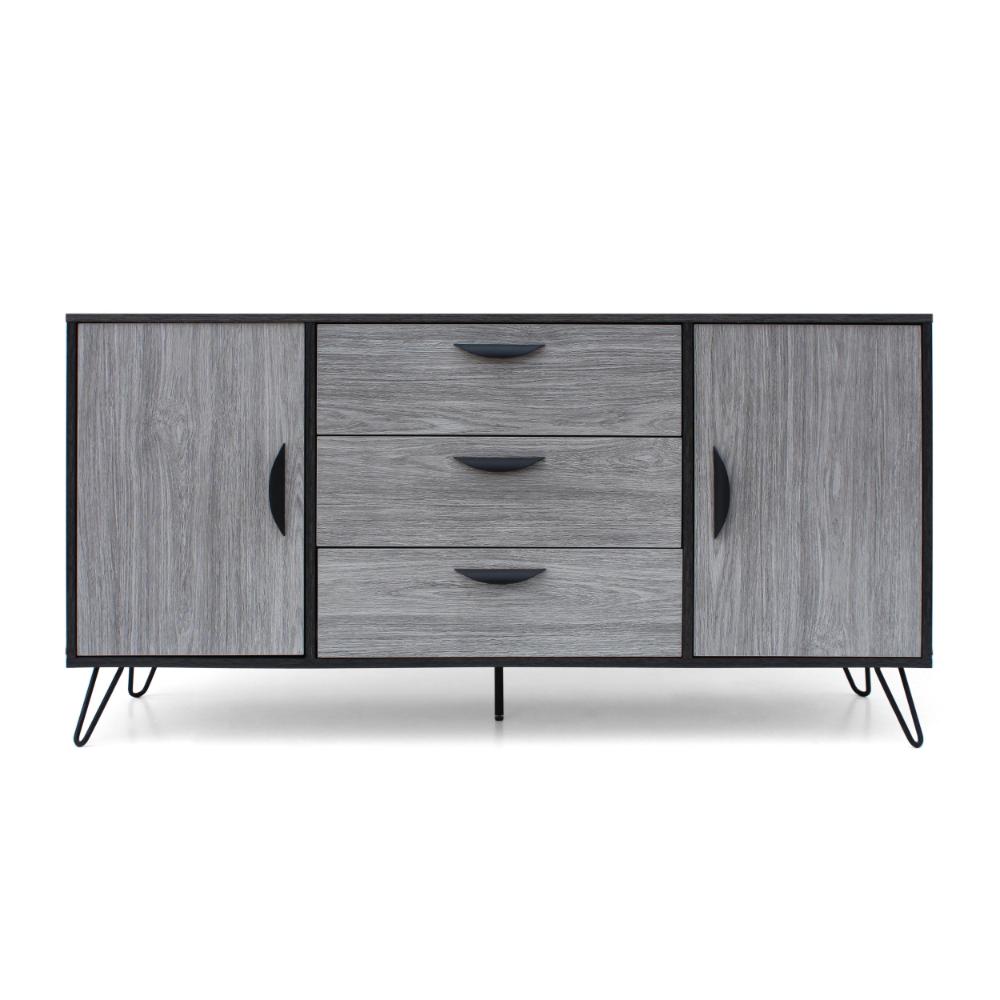 Benjara Sideboard Cabinet Console with 3 Drawer, 2 Door, 59 Inch, Iron, Gray Wood