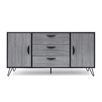 Benjara Sideboard Cabinet Console with 3 Drawer, 2 Door, 59 Inch, Iron, Gray Wood