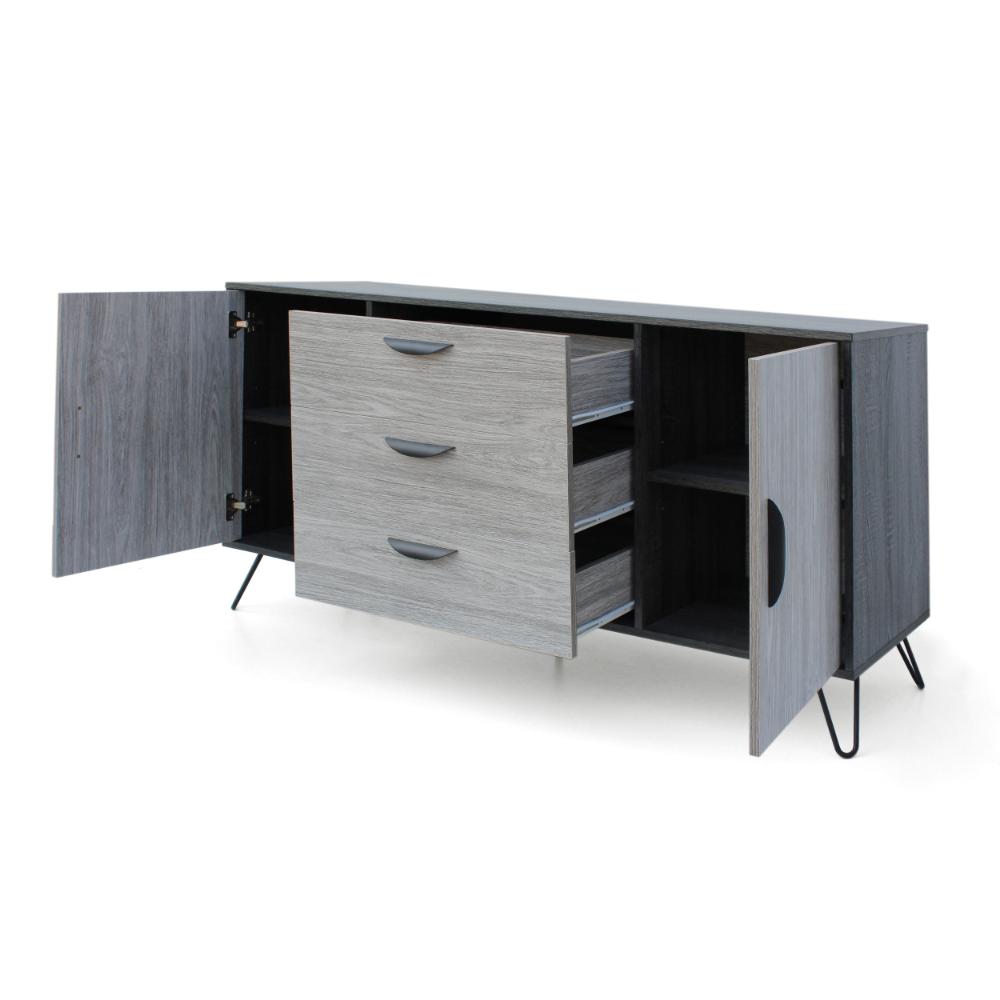 Benjara Sideboard Cabinet Console with 3 Drawer, 2 Door, 59 Inch, Iron, Gray Wood