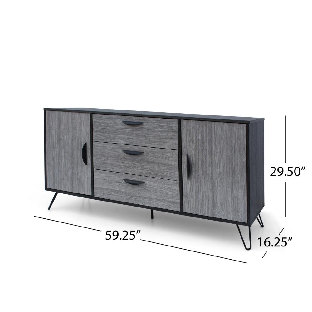 Benjara Sideboard Cabinet Console with 3 Drawer, 2 Door, 59 Inch, Iron, Gray Wood