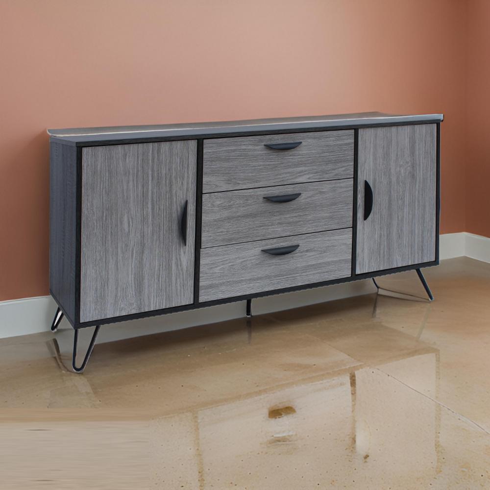 Benjara Sideboard Cabinet Console with 3 Drawer, 2 Door, 59 Inch, Iron, Gray Wood