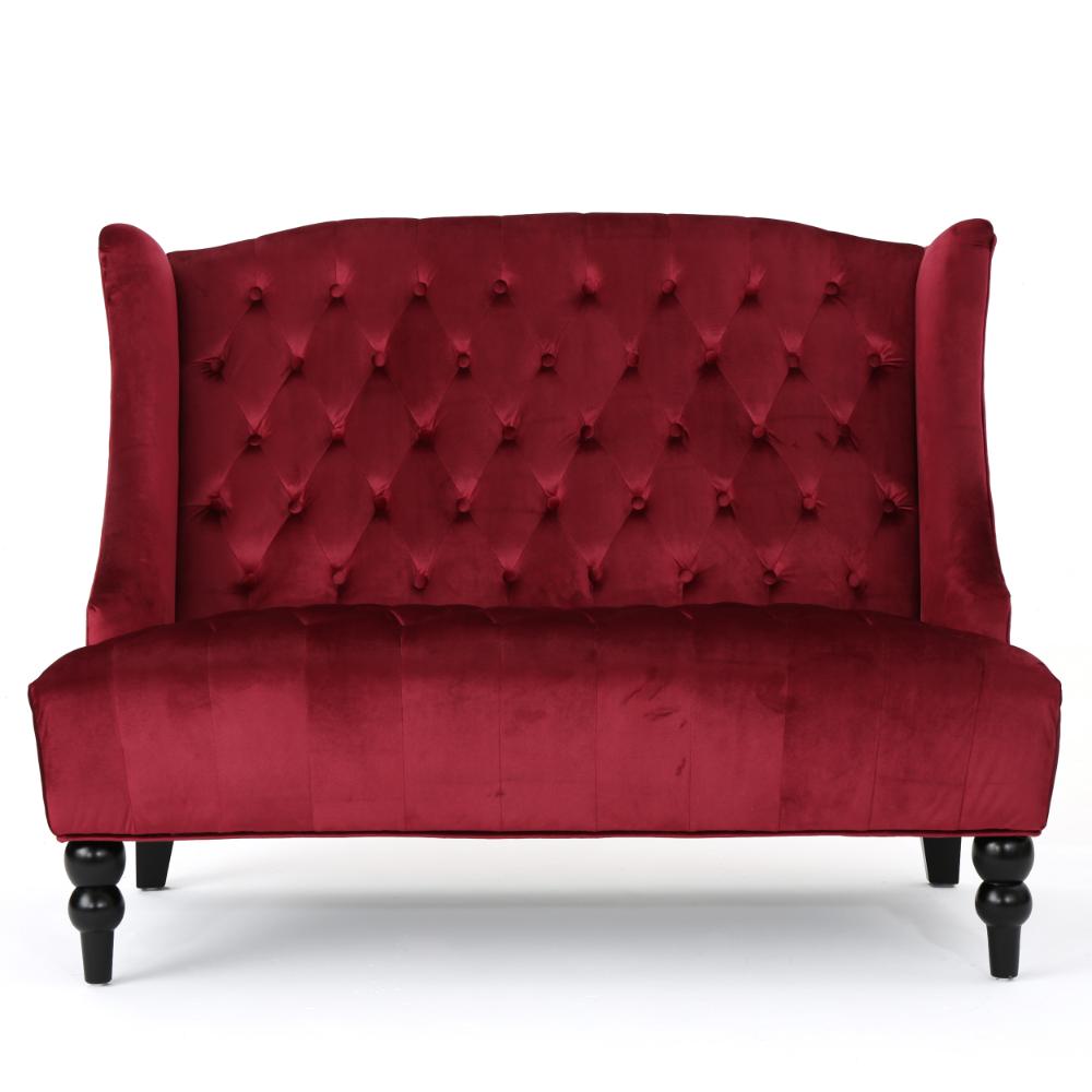 Benjara Lanny Loveseat Settee Wingback Bench Bench 50 Inch Tufted Wine Red Velvet
