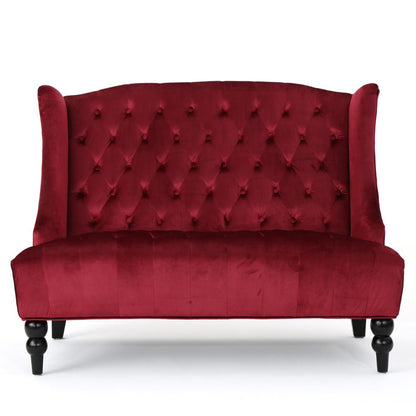 Benjara Lanny Loveseat Settee Wingback Bench Bench 50 Inch Tufted Wine Red Velvet