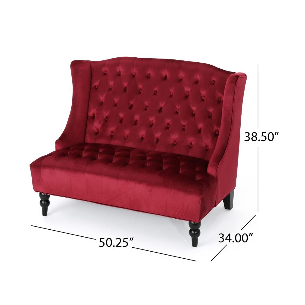 Benjara Lanny Loveseat Settee Wingback Bench Bench 50 Inch Tufted Wine Red Velvet