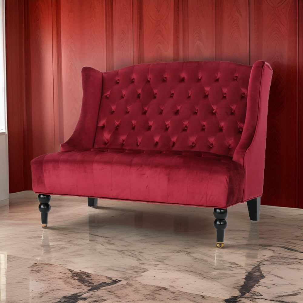 Benjara Lanny Loveseat Settee Wingback Bench Bench 50 Inch Tufted Wine Red Velvet