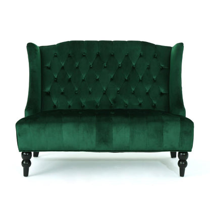 Benjara Lanny Loveseat Settee, Wingback Bench 50 Inch Wood, Tufted Green Velvet