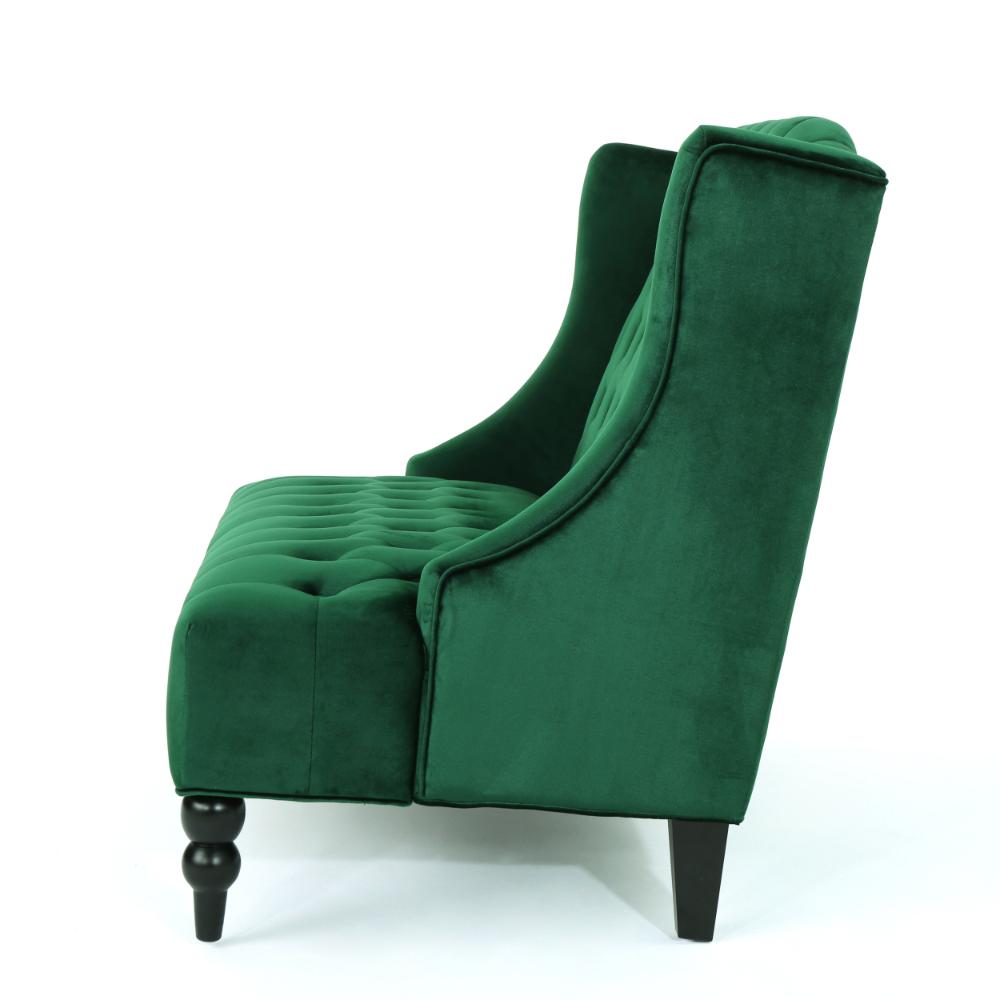 Benjara Lanny Loveseat Settee, Wingback Bench 50 Inch Wood, Tufted Green Velvet