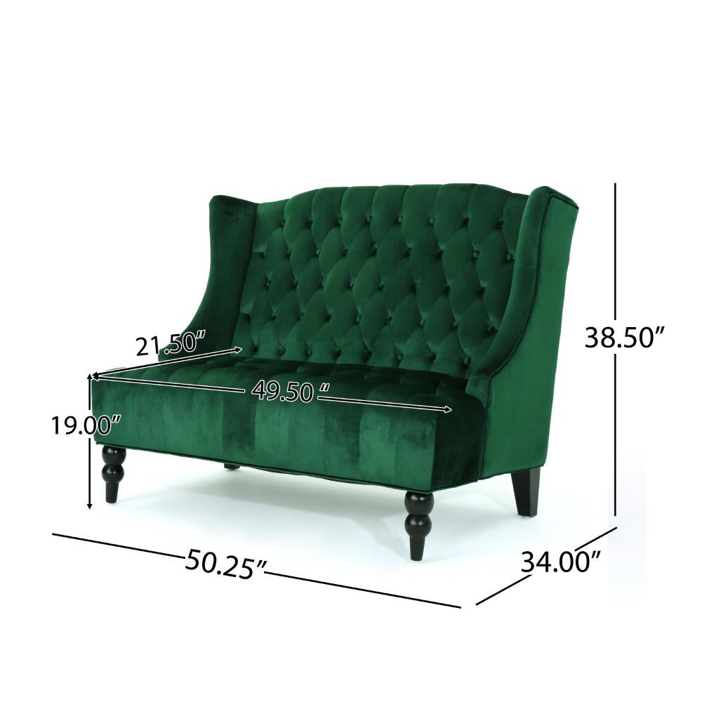Benjara Lanny Loveseat Settee, Wingback Bench 50 Inch Wood, Tufted Green Velvet