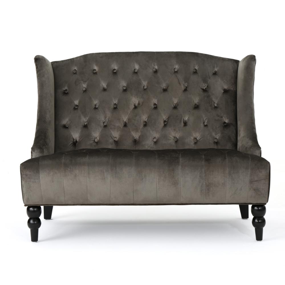 Benjara Lanny Loveseat Settee, Wingback Bench 50 Inch Wood, Tufted Gray Velvet