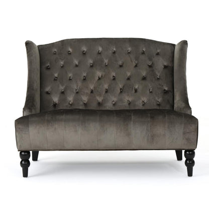 Benjara Lanny Loveseat Settee, Wingback Bench 50 Inch Wood, Tufted Gray Velvet