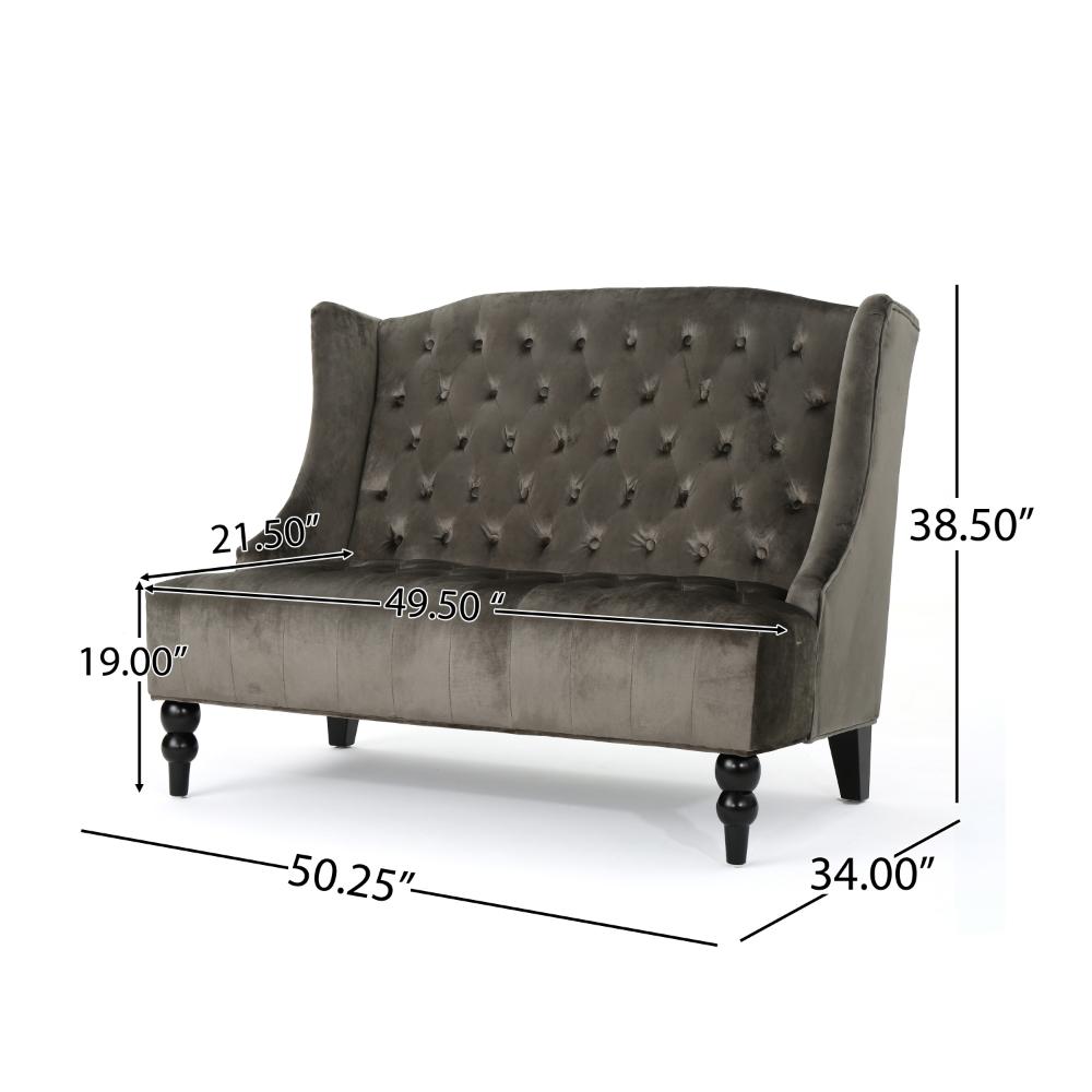 Benjara Lanny Loveseat Settee, Wingback Bench 50 Inch Wood, Tufted Gray Velvet