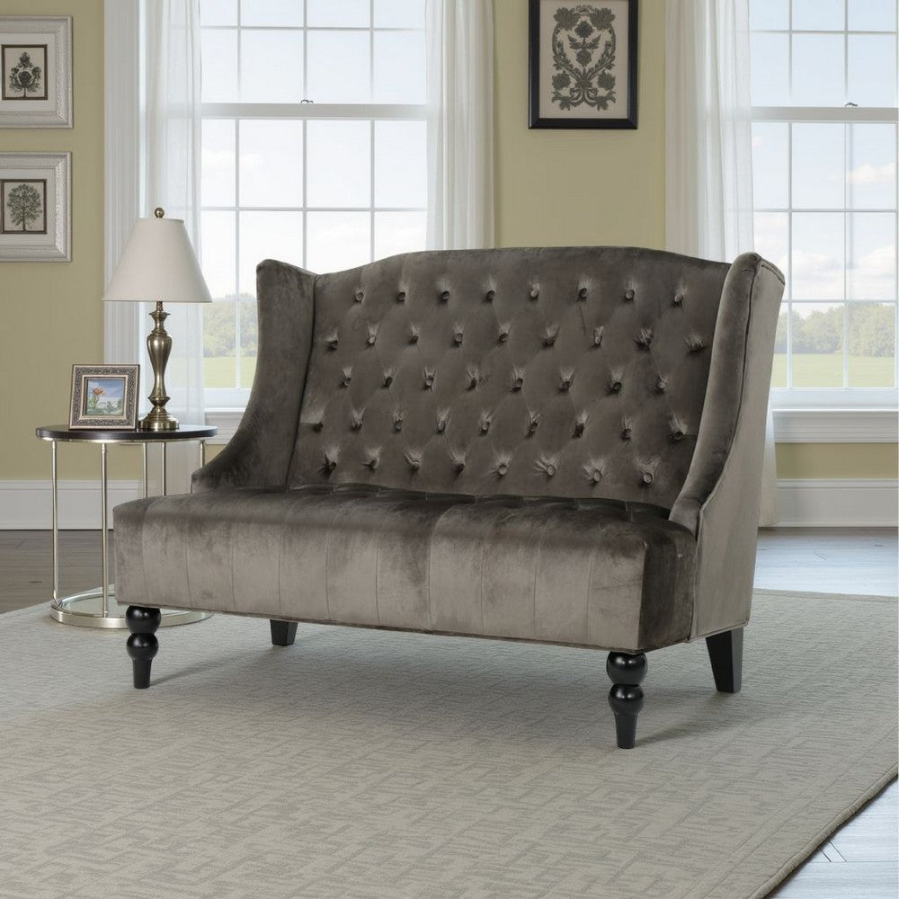 Benjara Lanny Loveseat Settee, Wingback Bench 50 Inch Wood, Tufted Gray Velvet