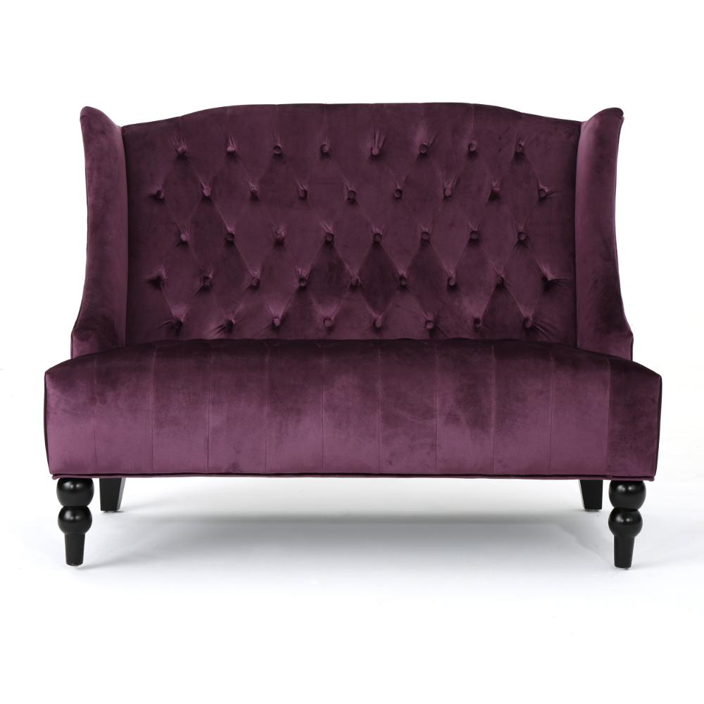 Benjara Lanny Loveseat Settee, Wingback Bench 50 Inch Wood, Tufted Purple Velvet