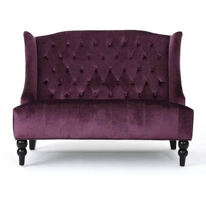 Benjara Lanny Loveseat Settee, Wingback Bench 50 Inch Wood, Tufted Purple Velvet