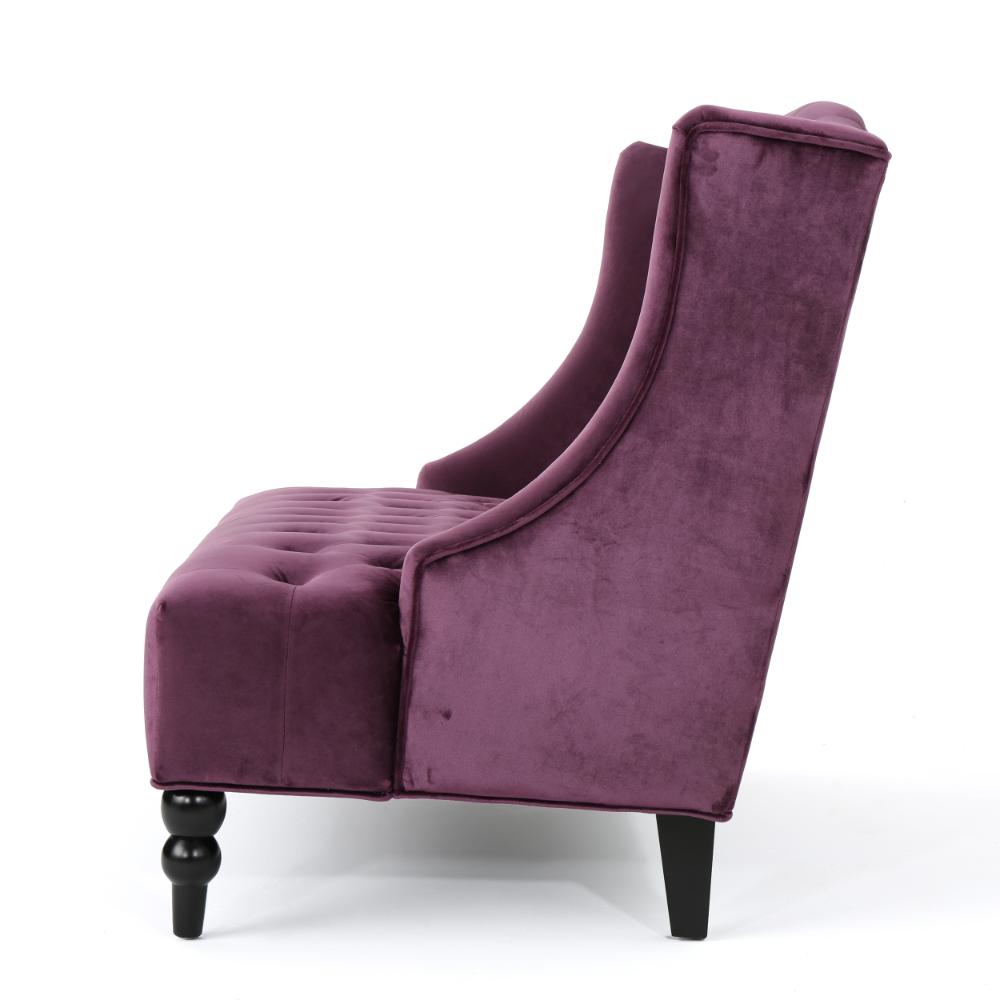 Benjara Lanny Loveseat Settee, Wingback Bench 50 Inch Wood, Tufted Purple Velvet