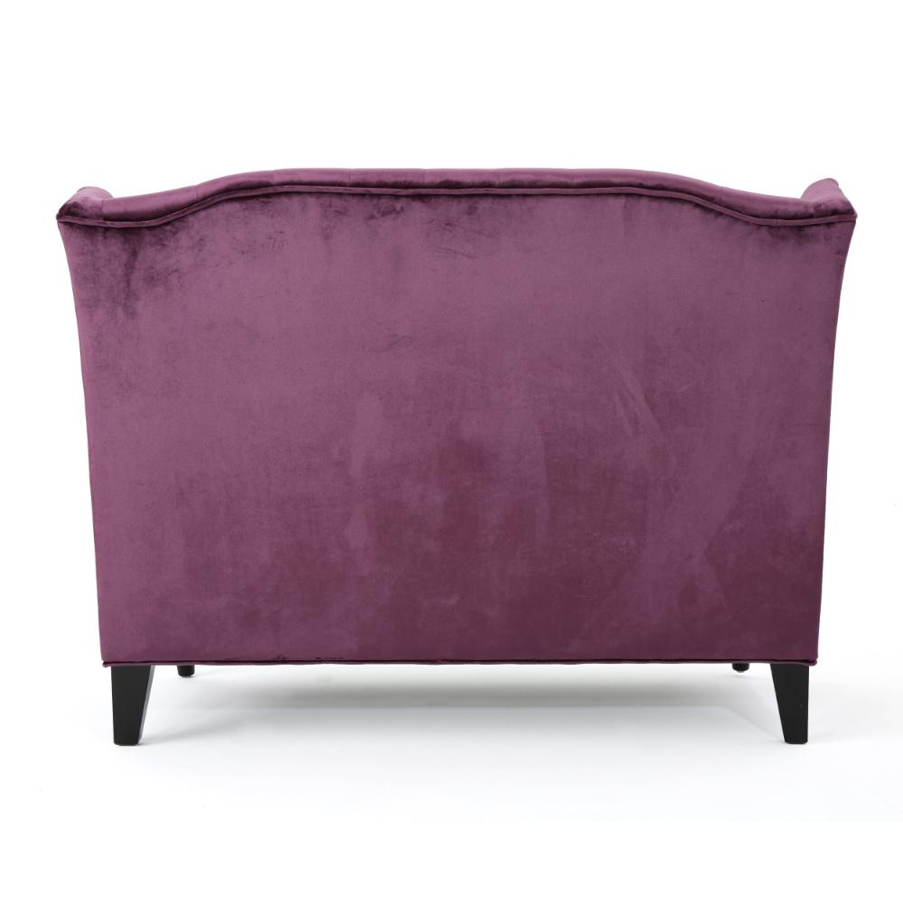 Benjara Lanny Loveseat Settee, Wingback Bench 50 Inch Wood, Tufted Purple Velvet