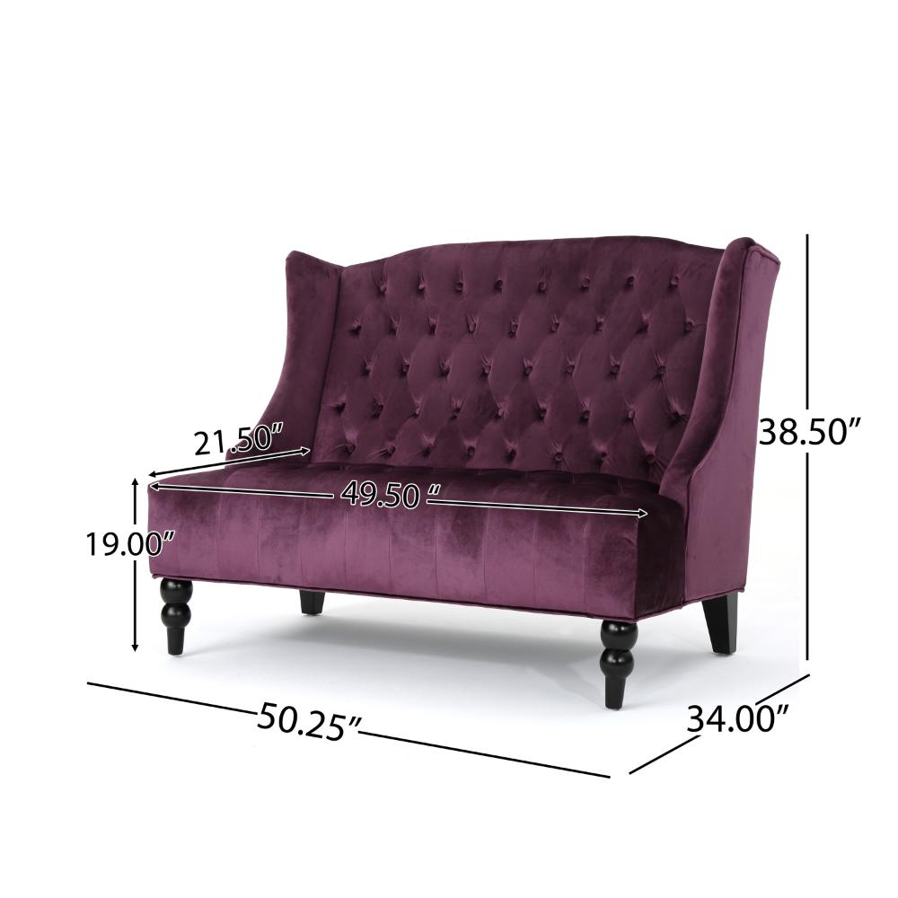 Benjara Lanny Loveseat Settee, Wingback Bench 50 Inch Wood, Tufted Purple Velvet