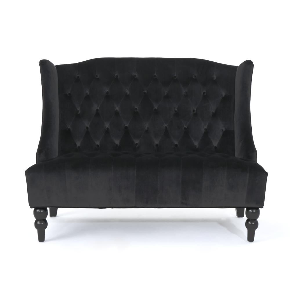 Benjara Lanny Loveseat Settee, Wingback Bench 50 Inch Wood, Tufted Black Velvet