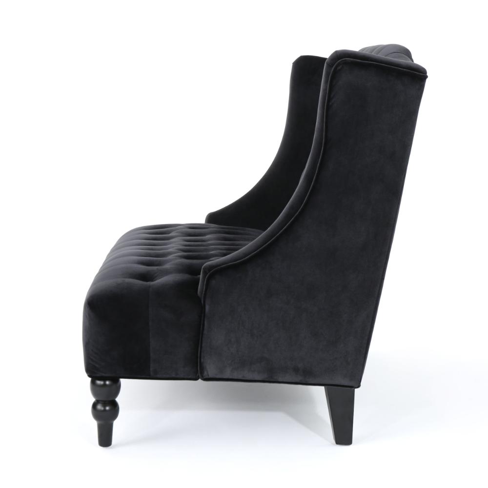Benjara Lanny Loveseat Settee, Wingback Bench 50 Inch Wood, Tufted Black Velvet