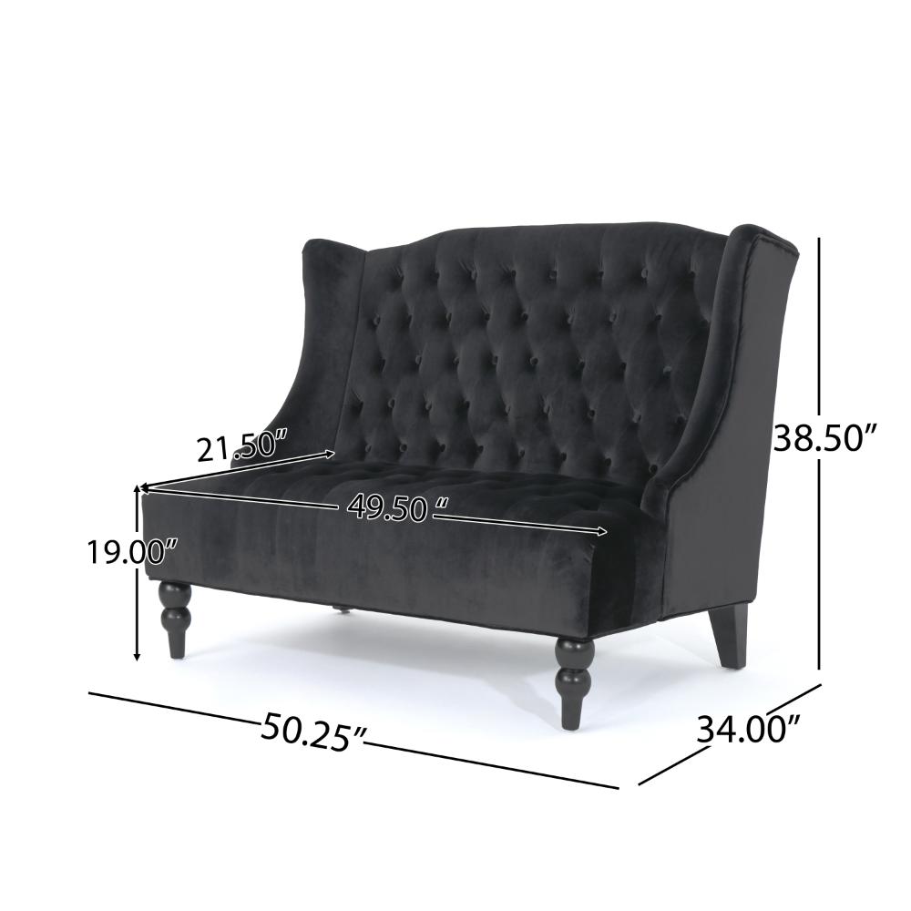 Benjara Lanny Loveseat Settee, Wingback Bench 50 Inch Wood, Tufted Black Velvet
