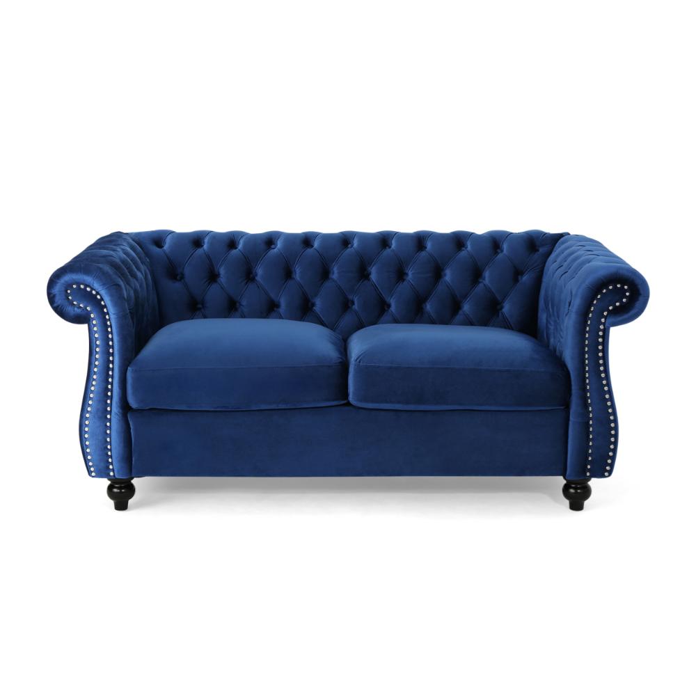 Benjara Bernie Loveseat 62 Inch Sofa, Nailhead Trim, Solid Wood, Blue Tufted Fabric
