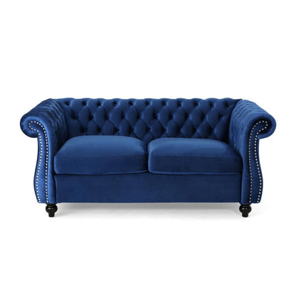 Benjara Bernie Loveseat 62 Inch Sofa, Nailhead Trim, Solid Wood, Blue Tufted Fabric