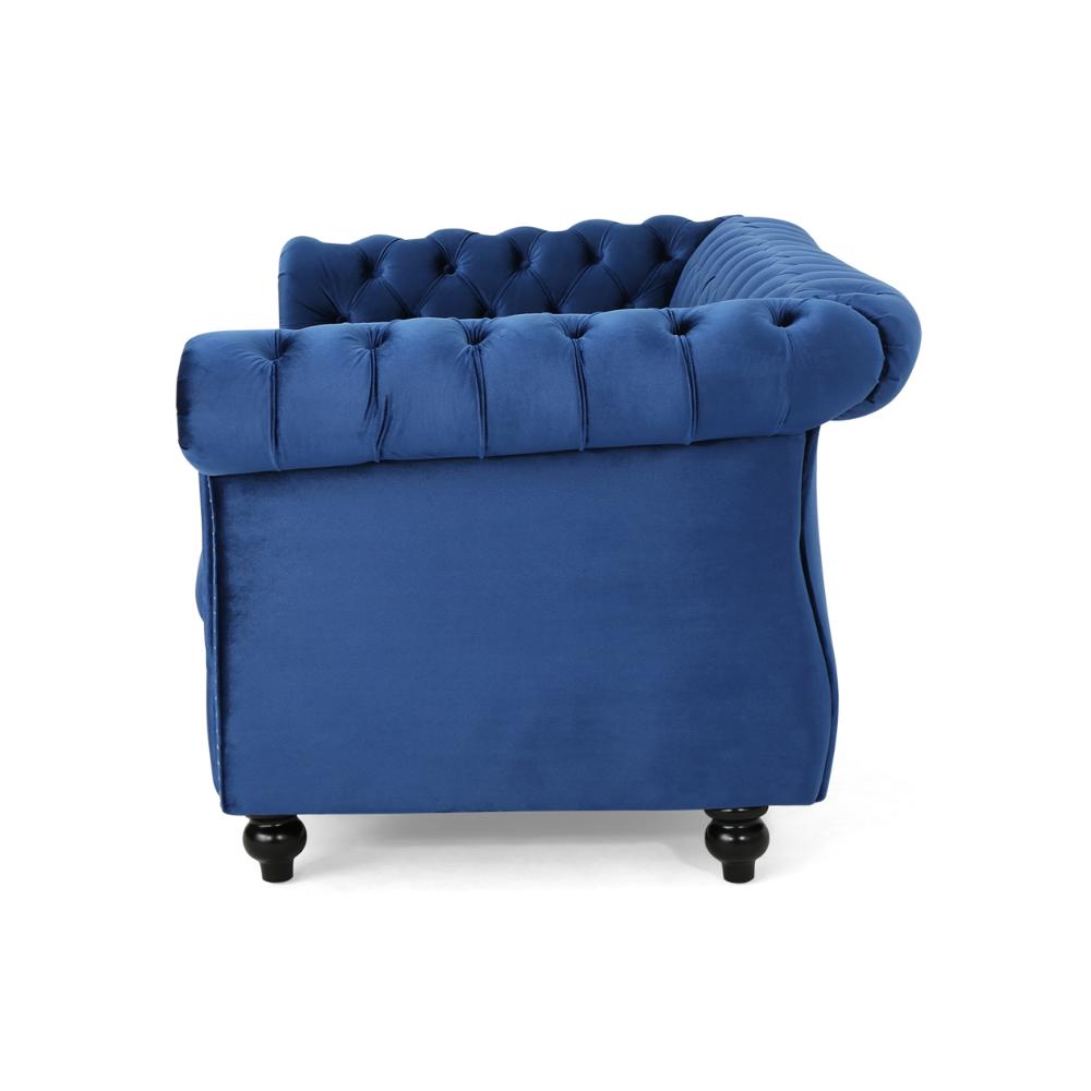 Benjara Bernie Loveseat 62 Inch Sofa, Nailhead Trim, Solid Wood, Blue Tufted Fabric
