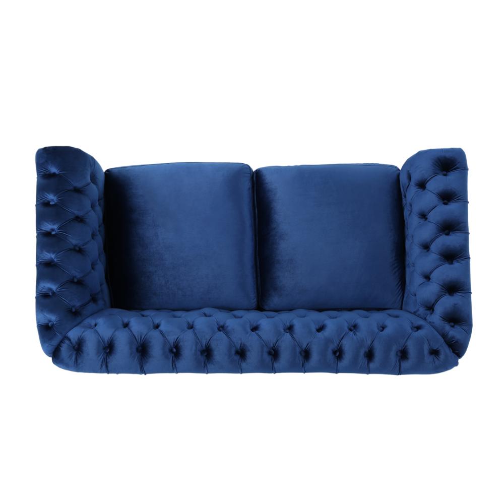 Benjara Bernie Loveseat 62 Inch Sofa, Nailhead Trim, Solid Wood, Blue Tufted Fabric