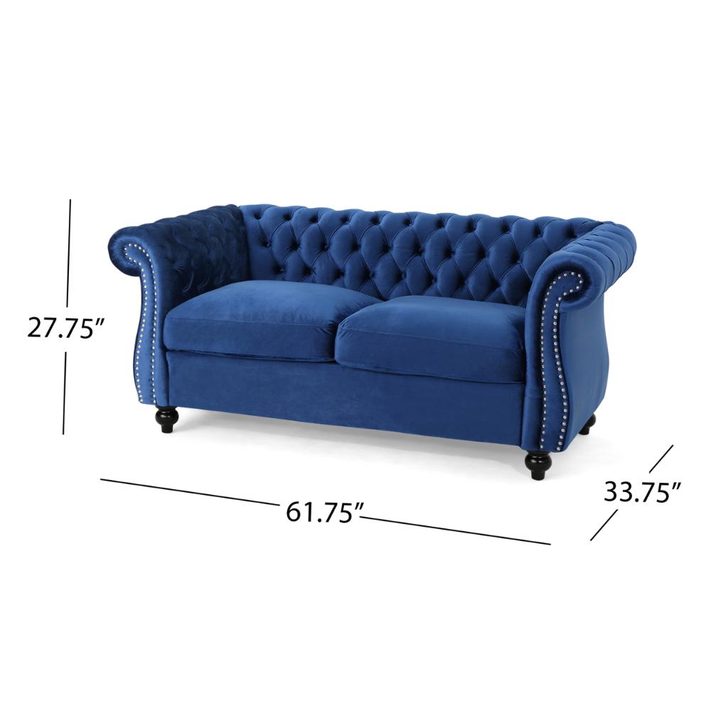 Benjara Bernie Loveseat 62 Inch Sofa, Nailhead Trim, Solid Wood, Blue Tufted Fabric
