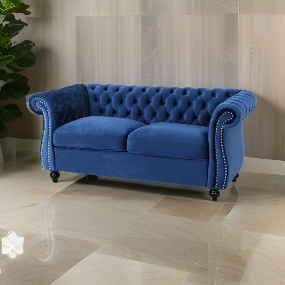 Benjara Bernie Loveseat 62 Inch Sofa, Nailhead Trim, Solid Wood, Blue Tufted Fabric