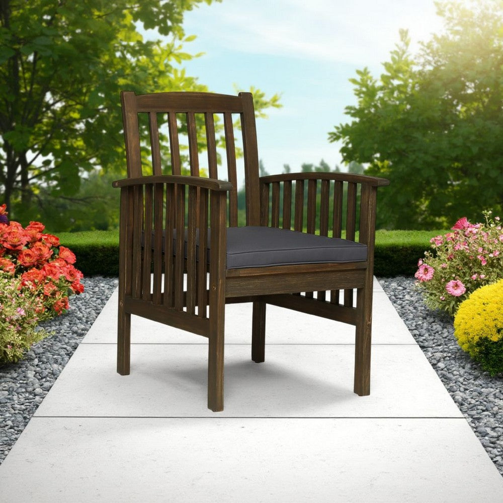 Benjara Gerry Dining Chair, Slatted Back Outdoor Natural Brown Wood, Dark Gray