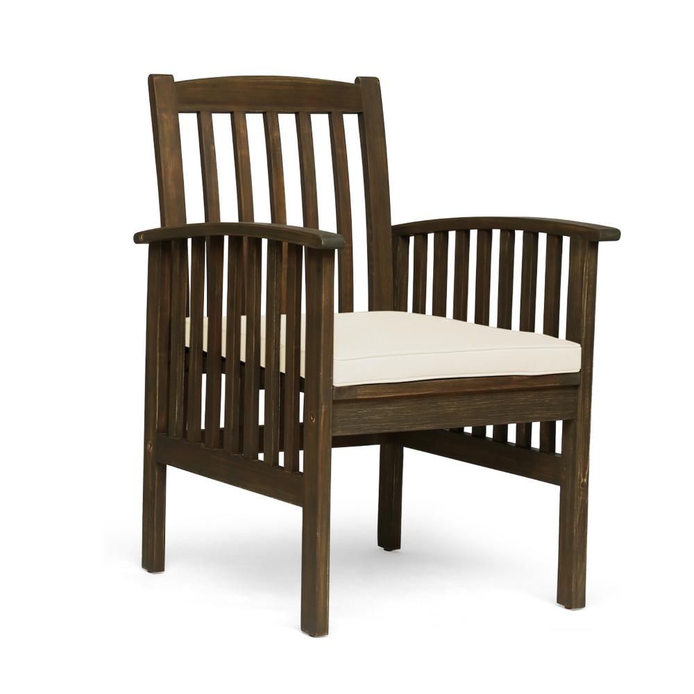 Benjara Gerry Dining Chair, Outdoor Traditional Slatted Gray Acacia Wood, Cream