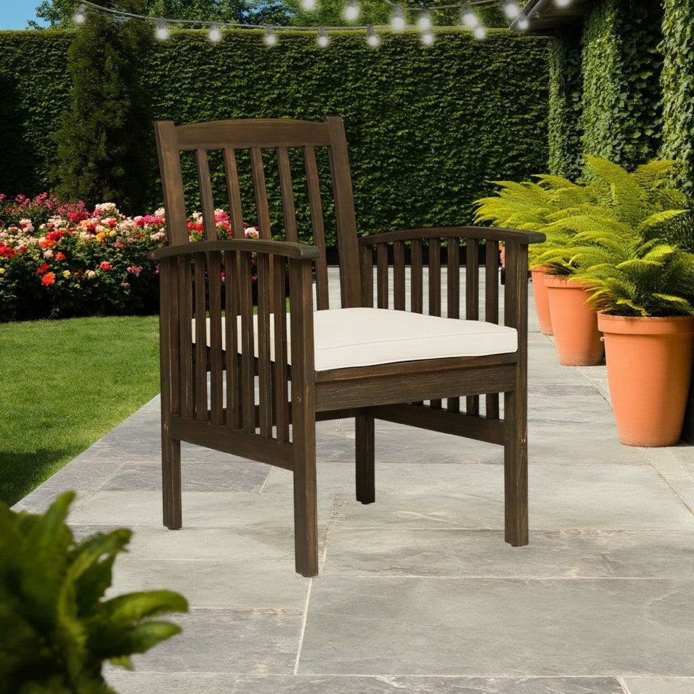 Benjara Gerry Dining Chair, Outdoor Traditional Slatted Gray Acacia Wood, Cream