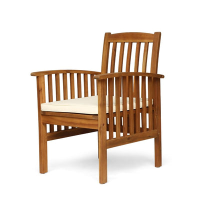 Benjara Gerry Dining Chair, Traditional Slat Design Brown Acacia Wood, Beige Fabric