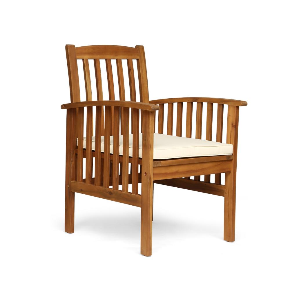 Benjara Gerry Dining Chair, Traditional Slat Design Brown Acacia Wood, Beige Fabric